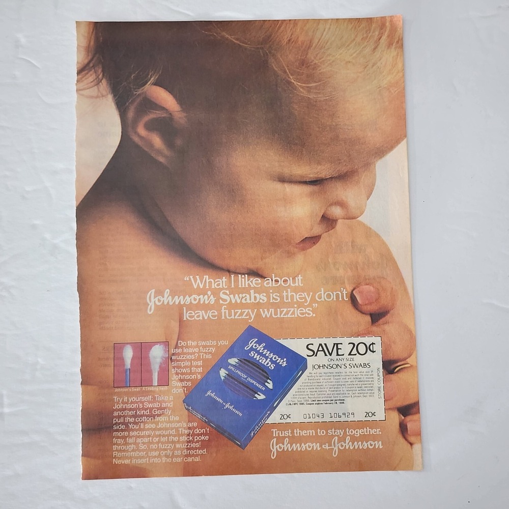 Vintage Print Ad Johnson's Swabs baby smiling clipping 1985